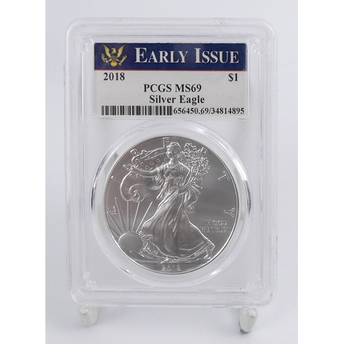 127 - U.S. one ounce 2018, uncirculated American Eagle silver dollar, encapsulated, boxed with C.O.A.