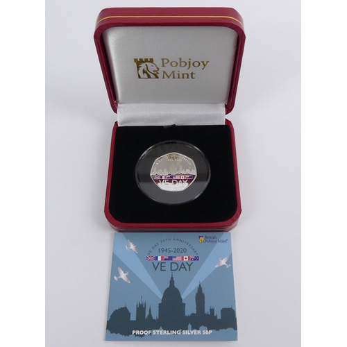 129 - Pobjoy Mint 1945-2020 VE day silver proof 50p, £5 silver proof Piedfort coin, M.I.B. with C.O.A.