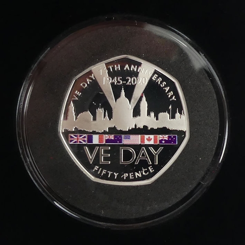 129 - Pobjoy Mint 1945-2020 VE day silver proof 50p, £5 silver proof Piedfort coin, M.I.B. with C.O.A.