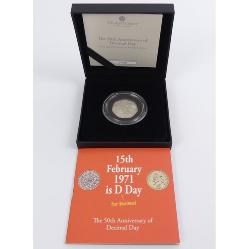 133 - Royal Mint 'The 50th Anniversary of Decimal Day' 2021 UK 50p, silver proof coin, M.I.B. with C.O.A.