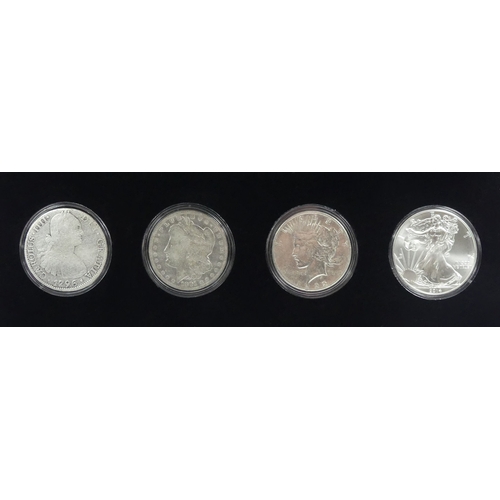 172 - Four centuries of American silver dollars, 1796, 1891, 1922 and 2014, encapsulated and in a presenta... 