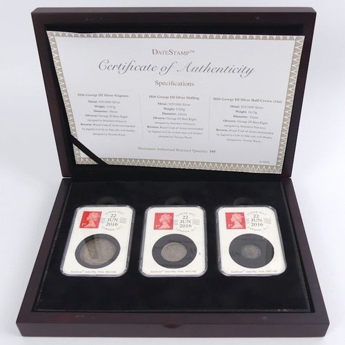 174 - The 1816 silver sixpence, silver shilling and silver half crown Date Stamp collection, encapsulated,... 