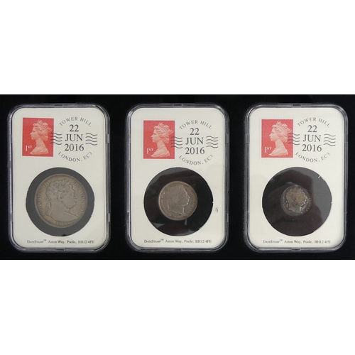 174 - The 1816 silver sixpence, silver shilling and silver half crown Date Stamp collection, encapsulated,... 