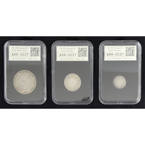 174 - The 1816 silver sixpence, silver shilling and silver half crown Date Stamp collection, encapsulated,... 