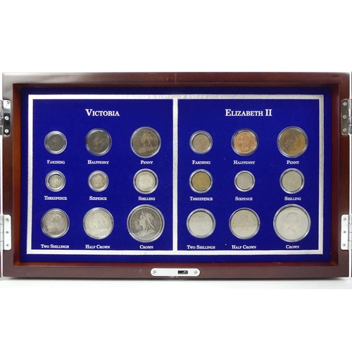 176 - Collectors cabinet of Queen Victoria and Elizabeth II coins, 41cm x 24cm x 5cm.