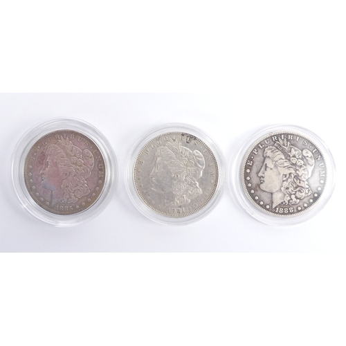 181 - Three silver USA dollars 1885, 1888 and 1921.