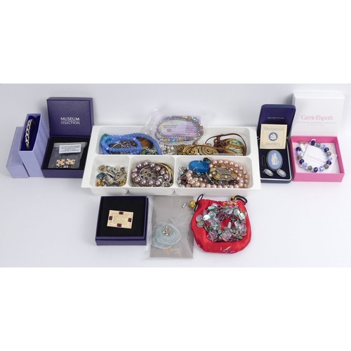 30B - A box of mixed costume jewellery, including a Wedgwood brooch and earrings and a silver and amber br... 