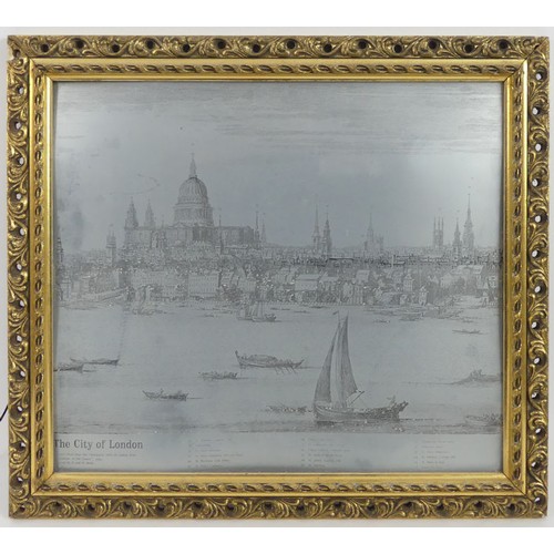 451 - A steel engraving of the City of London in an ornate gilt frame, 43cm x 39cm.