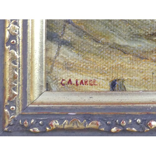 453 - A large oil on board of a coastal scene with a horse and cart in the foreground, signed lower left, ... 