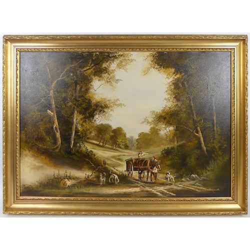 454 - An oil on canvas country scene with a horse and cart in the foreground, signed Horsewell, in an orna... 