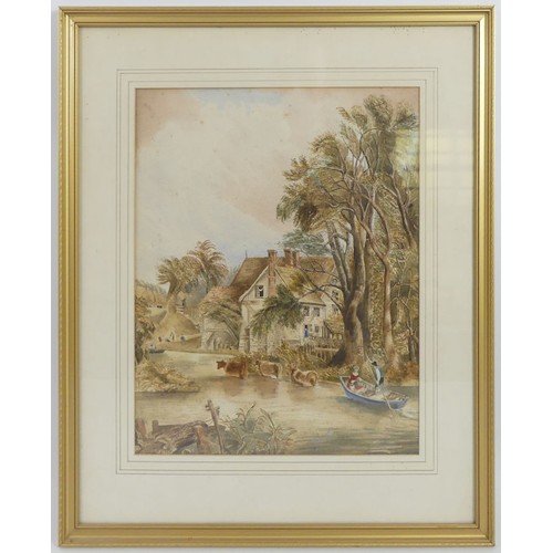 457 - A watercolour of  a river scene with cattle and figures, framed an glazed, 55cm x 46cm.
Collection o... 