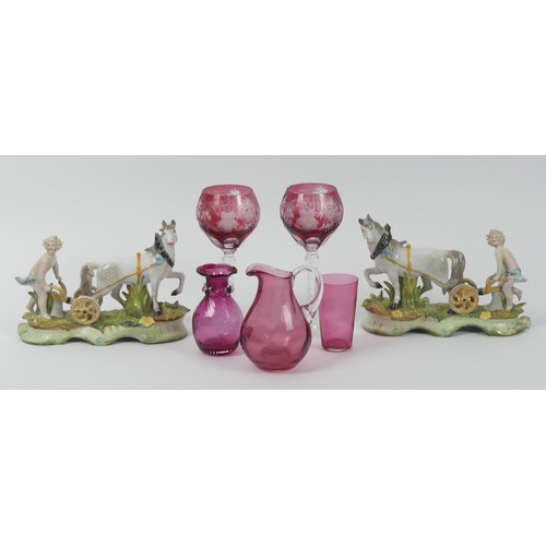 389 - A Pair of Continental Horse Figure together with Glassware to include Cranberry.
Hightest - 21 cm