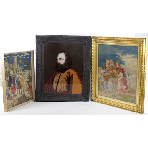 461 - Two framed and glazed Figural Tapestries together with a picture of Guiseppe Garibaldi, 70 cm high x... 