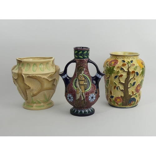 392 - Burleigh ware Art Deco pottery vase, Amphora pottery vase and an Arthur Wood Indian tree vase, talle... 