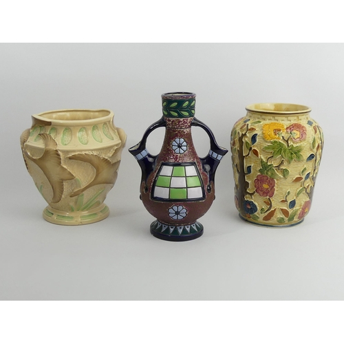 392 - Burleigh ware Art Deco pottery vase, Amphora pottery vase and an Arthur Wood Indian tree vase, talle... 