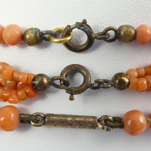 10A - Three Victorian coral bead necklaces, 56 grams, longest 52cm.