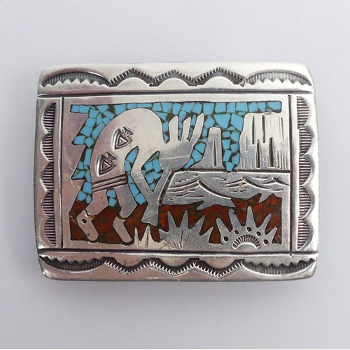 45 - Native American sterling silver turquoise and coral buckle, signed, 20.8 grams, 52mm x 39mm.