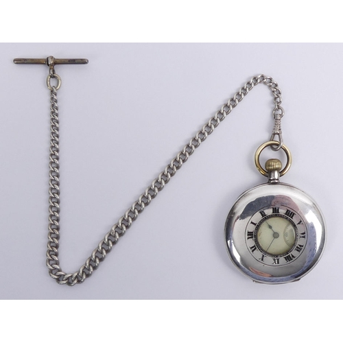 100 - Gents Silver half hunter pocket watch and Albert chain. 90 grams, chain 25 grams, watch 50mm x 70mm.