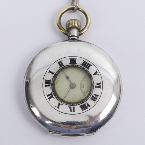 100 - Gents Silver half hunter pocket watch and Albert chain. 90 grams, chain 25 grams, watch 50mm x 70mm.