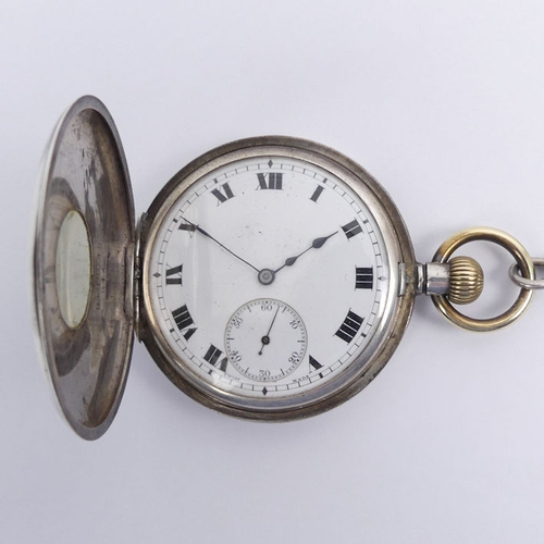 100 - Gents Silver half hunter pocket watch and Albert chain. 90 grams, chain 25 grams, watch 50mm x 70mm.