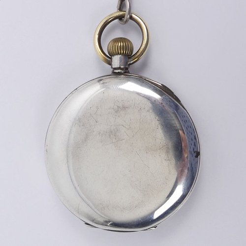 100 - Gents Silver half hunter pocket watch and Albert chain. 90 grams, chain 25 grams, watch 50mm x 70mm.