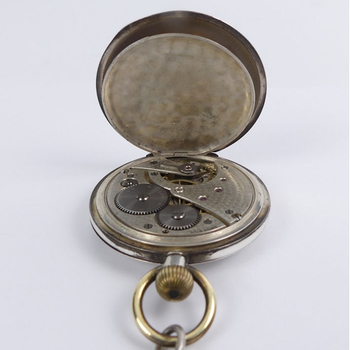 100 - Gents Silver half hunter pocket watch and Albert chain. 90 grams, chain 25 grams, watch 50mm x 70mm.