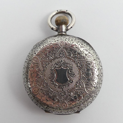 108 - An Omega silver cased pocket watch in a velvet lined case, 
47 mm x 34 mm.
Condition report: in work... 