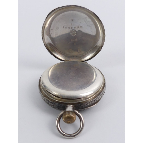 108 - An Omega silver cased pocket watch in a velvet lined case, 
47 mm x 34 mm.
Condition report: in work... 