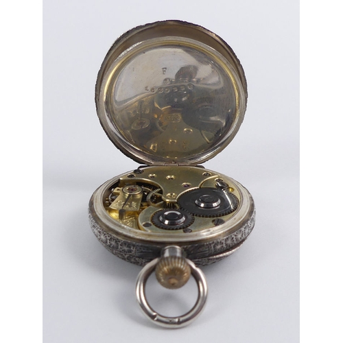 108 - An Omega silver cased pocket watch in a velvet lined case, 
47 mm x 34 mm.
Condition report: in work... 