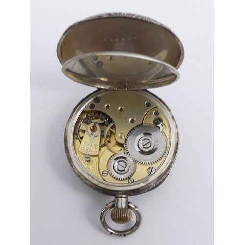 108 - An Omega silver cased pocket watch in a velvet lined case, 
47 mm x 34 mm.
Condition report: in work... 