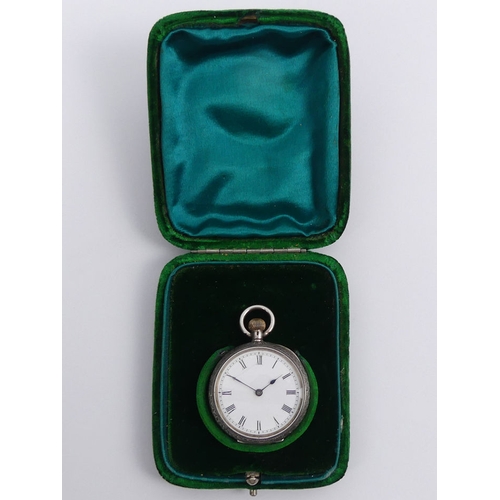 108 - An Omega silver cased pocket watch in a velvet lined case, 
47 mm x 34 mm.
Condition report: in work... 