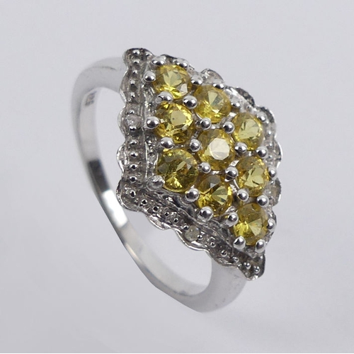 10E - Sterling silver, yellow sapphire and diamond ring, 2.8 grams, 12.8mm, size N1/2.