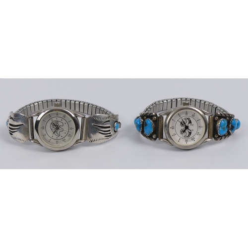 14 - Two Native American silver and turquoise strap watches, 25mm.