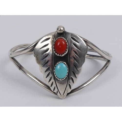 16 - Native American silver (tested) coral and turquoise cuff bangle, signed David F. Garcia, 22.8 grams,... 