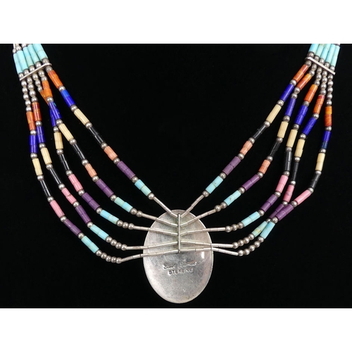 18 - Native American, Edith James, sterling silver multi-strand stone set pendant necklace, 16.3 grams, p... 