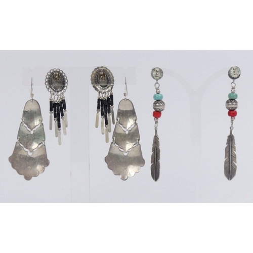 19 - Three pairs of silver Native American, turquoise and coral earrings, a silver and turquoise pair and... 