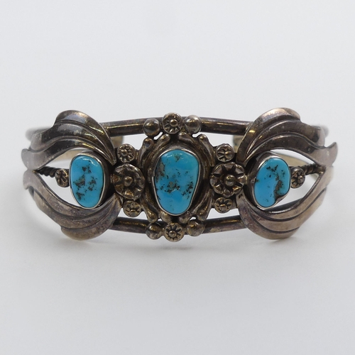 20C - Native American sterling silver and turquoise cuff bangle, together with a turquoise and coral set n... 