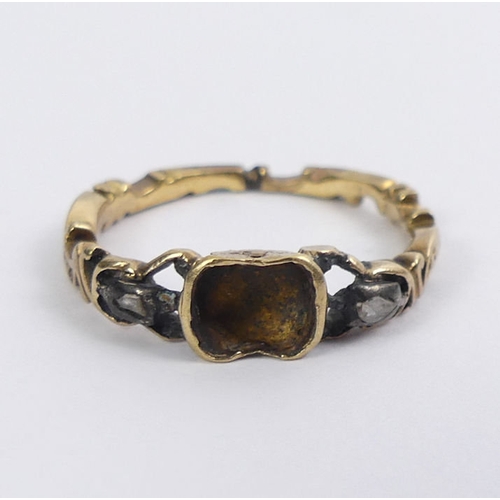 26 - Georgian 18ct gold (tested) ring, centre stone deficient, diamonds set to the shoulders, 2.3 grams, ... 