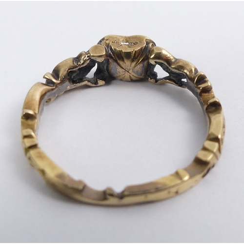 26 - Georgian 18ct gold (tested) ring, centre stone deficient, diamonds set to the shoulders, 2.3 grams, ... 