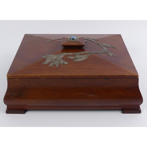 30B - An Arts & Crafts jewellery box and contents, including a lapis lazuli necklace.