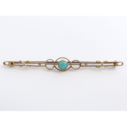 40A - 14ct/15ct gold (tested) bar brooch set with turquoise, 3.8 grams, 69mm.