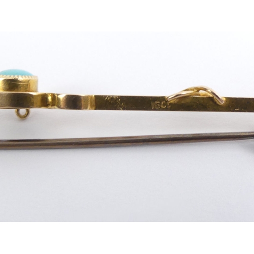 40A - 14ct/15ct gold (tested) bar brooch set with turquoise, 3.8 grams, 69mm.