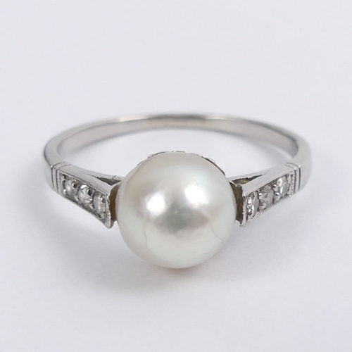 47 - Platinum 950, pearl (un-tested), and diamond set shoulders ring, 3 grams, 7.3mm, size P.