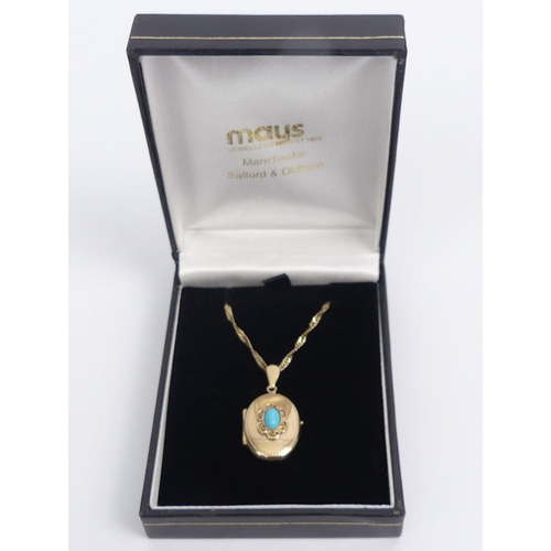 48 - 9ct gold and turquoise locket pendant and chain, 3.7 grams, locket 29mm x 15mm, chain 42cm.