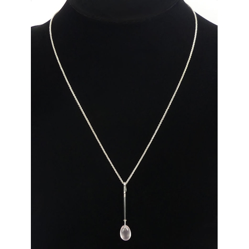 52 - A boxed Georg Jensen silver and rose quartz pendant and chain, 5.1 grams, pendant 45mm, chain 46cm.