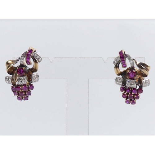 60B - A pair of 9ct gold, ruby and diamond earrings, 11.9 grams, 29 mm x 20 mm.