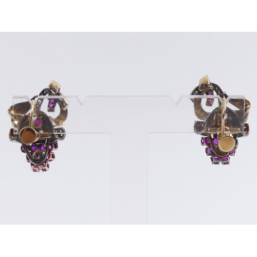 60B - A pair of 9ct gold, ruby and diamond earrings, 11.9 grams, 29 mm x 20 mm.