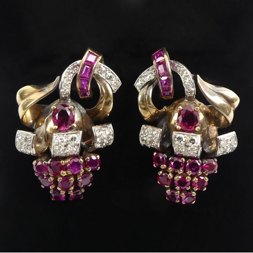 60B - A pair of 9ct gold, ruby and diamond earrings, 11.9 grams, 29 mm x 20 mm.