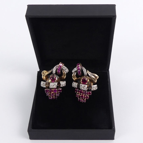 60B - A pair of 9ct gold, ruby and diamond earrings, 11.9 grams, 29 mm x 20 mm.