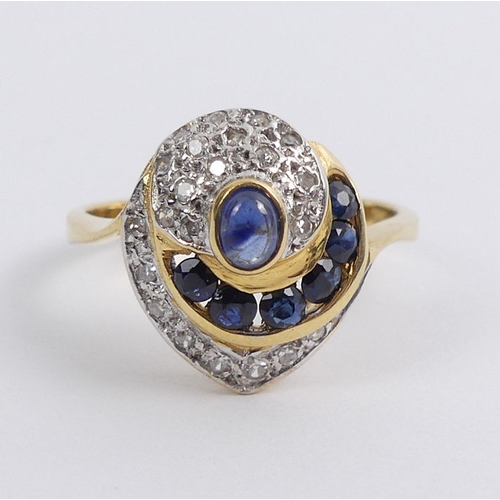 60H - 18ct gold, sapphire and diamond ring, 4.1 grams, 14.6 mm, size Q.